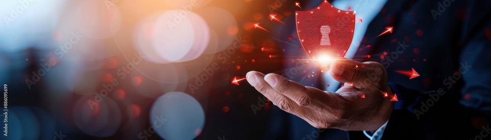 Poster businessman holding a digital padlock icon, representing data security and protection in a blurred b