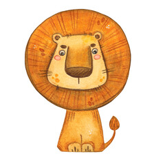 Red lion sitting, isolated on a white background. Watercolor illustration hand drawn in childish style. Clipart for stickers, cards, posters. Animals, lion, zoo, wildlife, nature, wild, clipart,
