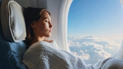 Serene Solo Air Traveler: Young Woman Relaxing on Airplane with Cozy Blanket, Modern Interior, and Scenic View of Blue Sky and Clouds