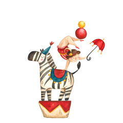 A gymnast with an umbrella in her hand and balls on her feet stands on the back of a circus zebra. Hand drawn watercolor illustration in vintage childish style. Drawing for cards, posters, holiday inv © DemiLenka