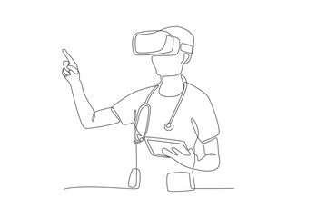 Doctor taking data using vr. Medical technology concept one-line drawing