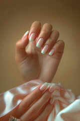 Hands with soft natural babyboomer manicure isolated on a neutral bronze gold background.