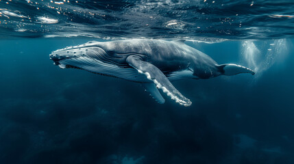 Fototapeta premium Captivating underwater shot of diving humpback whales and diverse marine life in the clear blue ocean. 