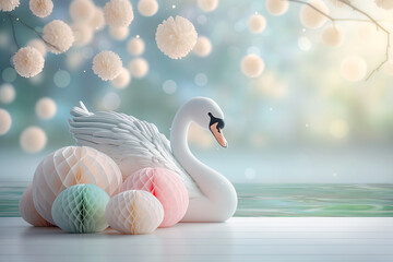 Obraz premium Abstract illustration of a white swan on a fantasy lake. Fantasy wallpaper idea for girl's bedroom. Pastel colors.