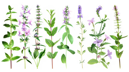 Fototapeta premium Set of aromatic herb flowers including mint, rosemary, and basil, isolated on transparent background Stock Illustration