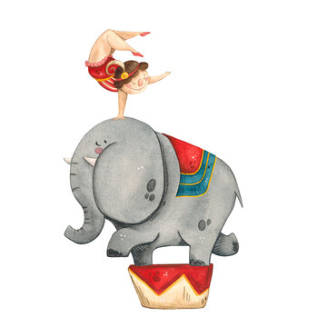 Watercolor illustration of a circus elephant on a stand and a gymnast on his head. Hand drawn on a white background. Clipart for decorating children's parties, cards, children's bedrooms and clothing
