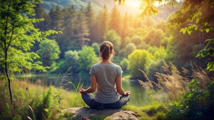young lady sitting meditating behind nature  emerging daylight calm natural light outdoor peaceful