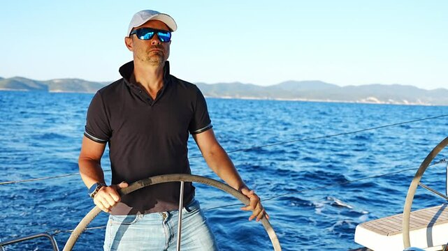 Young man captain stands at the helm and controls a sailboat during a journey by sea