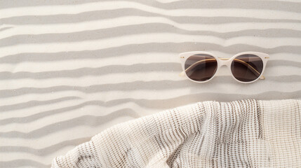 minimalist composition sunglasses on beach/beige banner