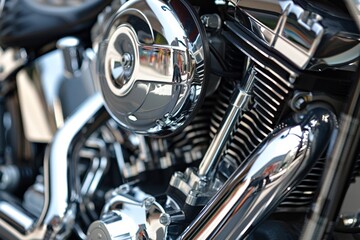 Shiny Chrome Motorcycle Engine Cylinder Close-Up: Detailed Industrial and Mechanical Design with Glossy Finish. AI-Generated, 4K High-Resolution Wallpaper Showcasing Precision Engineering and Sleek Ae