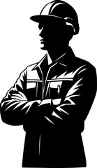 Silhouette worker construction, technician, man wearing uniform worker and safety helmet