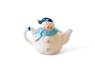 Teapot with snowman shape isolated on white