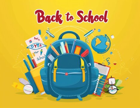 Vibrant yellow school backdrop, educational icons, apple, purple script.