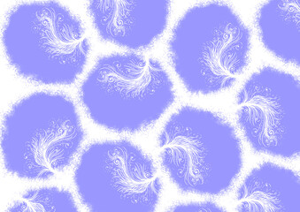 Abstract background of blue spots on white. The outline of spots consists of dot texture. In middle of blue spots are white decorative elements. Thin, delicate lines with swirls and dots. Feathers.