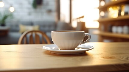 Obraz premium Coffee Cup on Wooden Table in Cafe Setting