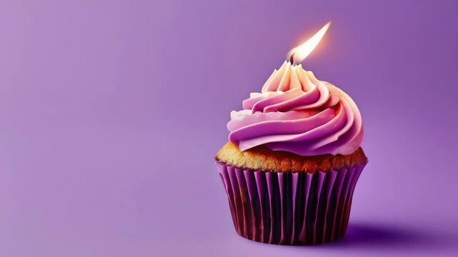 delicious  vanilla cupcake with icing and burning candle isolated on purple background animation - 4k new quality stock video footage AI