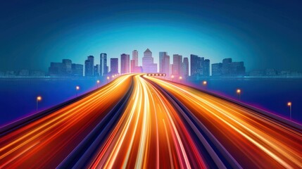 Fototapeta premium Vibrant cityscape featuring cars headlamp trails and colored lines on the road at night.