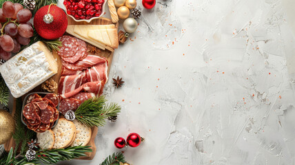 Festive charcuterie board with meats, cheeses, crackers, and decorative ornaments on textured backdrop