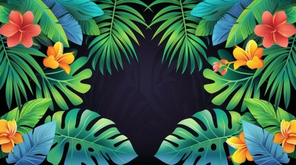Naklejka premium Dark jungle mural art with exotic tropical night theme, featuring palm trees, wild animals, and birds on a black background.