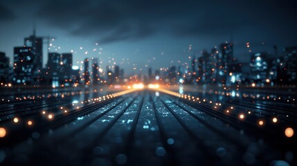 Fototapeta premium Abstract cityscape at night with bright lights, blurred background creating depth. Ideal for technology and futuristic themes.