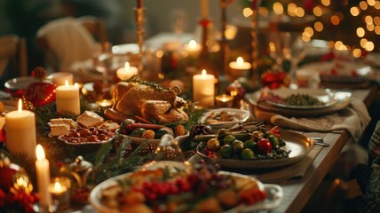 Festive holiday dinner with candlelight, decorated table, diverse dishes