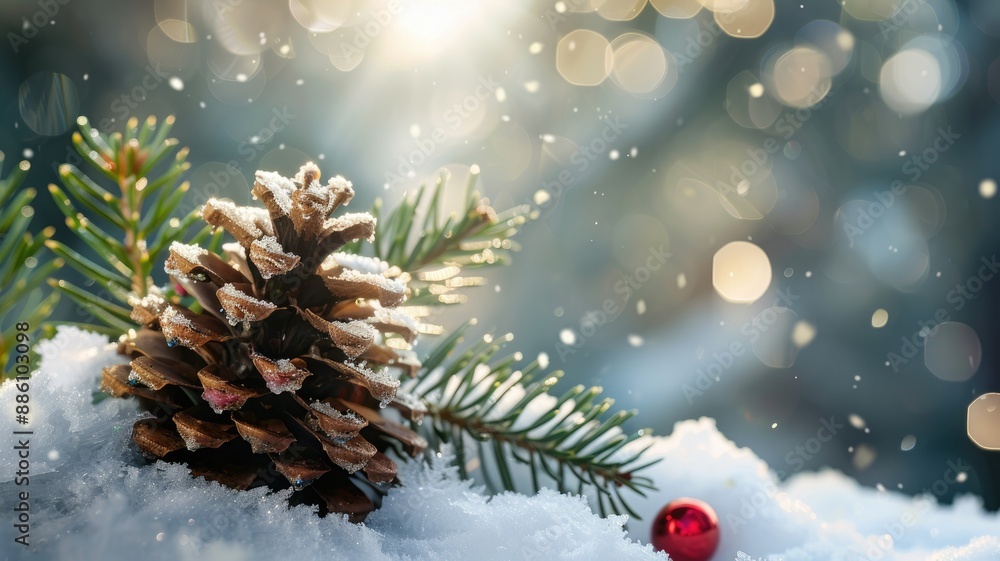 Poster pinecone with snowy branches and blurred lights in background
