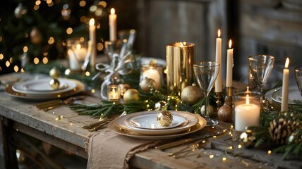Festive table setting with candles, golden ornaments, and greenery