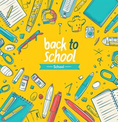 Yellow background with "back to School" text and patterned school supplies.