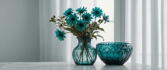 vase with teal flowers on plain white background for banner with copy space