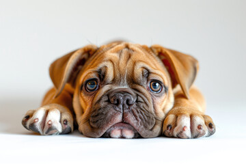 Obraz premium A bulldog is lying down with a white background