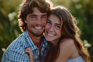 Fototapeta premium Young couple embracing and taking a photo