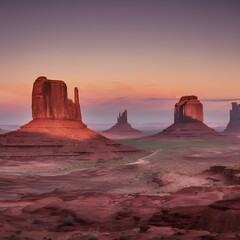 Monument Valley buttes bathed in the warm hues of sunset, highlighting the majestic red rock formations against a serene evening sky.