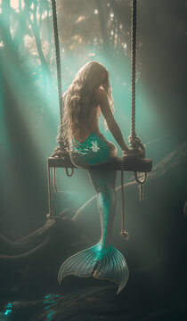Mermaid on a rope swing. Mangrove forest sea cove background. Generative AI