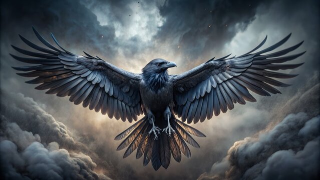 A sleek, mysterious raven spreads its wide, glossy black wings, revealing intricate feathers, against a misty, ominous, dark gray sky backdrop. - Powered by Adobe