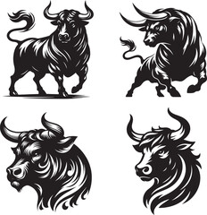 Bull longhorn cow farm animals silhouettes set, large pack of vector silhouette design, isolated white background