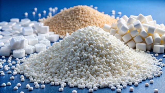 Pile of white plastic granulate consisting of various materials including polyamide resin, acrylonitrile styrene acrylate, polypropylene, and glass fiber.