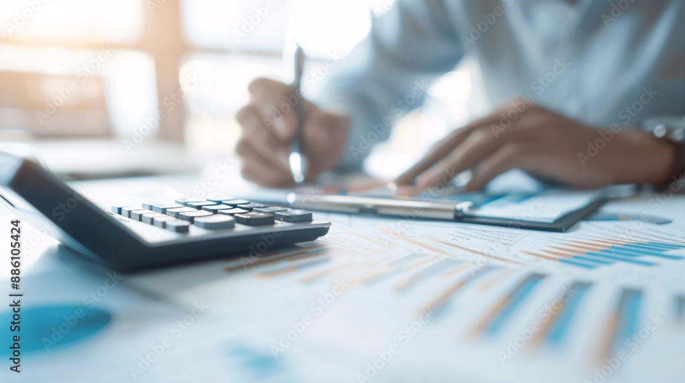 Poster a tax advisor uses a calculator and pen to explain financial returns to a client, the focus on the h