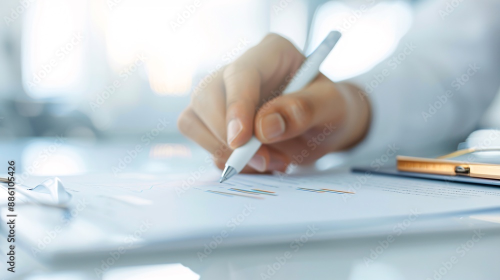 Aufkleber a close-up of a financial consultant's hand pointing to tax documents while explaining details to a 