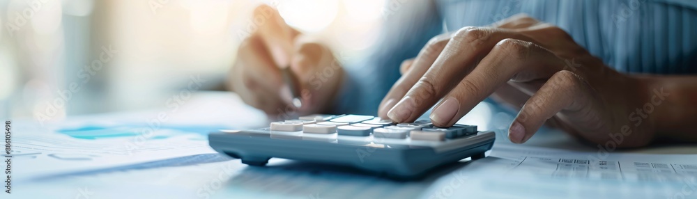 Poster hands of a financial advisor using a calculator and highlighting information on a tax form, perfect 