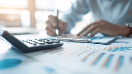 A tax advisor uses a calculator and pen to explain financial returns to a client, the focus on the hands and documents with plenty of copy space for additional information.