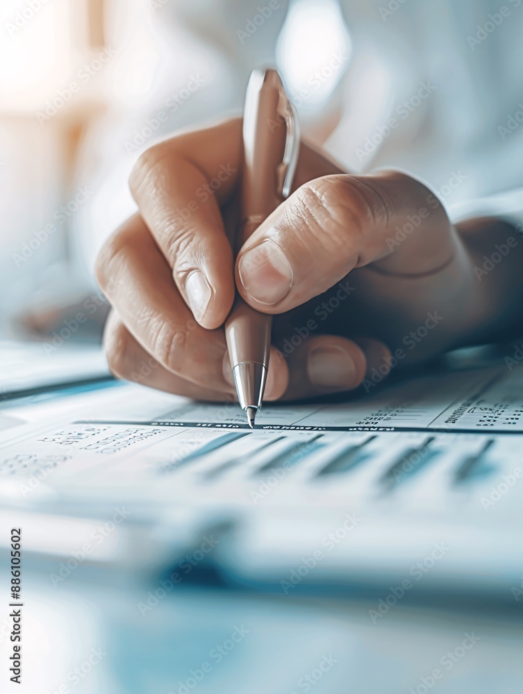 Poster a tax advisor's hand points to critical sections of a tax return document while explaining financial