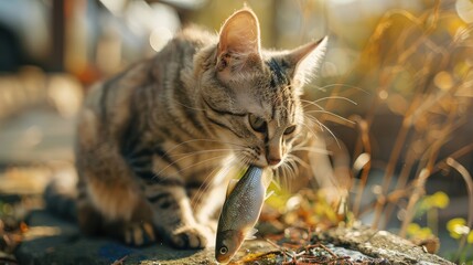 Cat Holding a Fish in Its Mouth