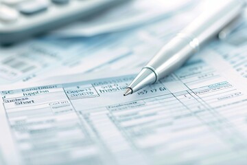 A tax advisor's pen pointing at specific figures on a tax form during a consultation, with ample copy space around.