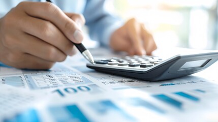 A financial consultant explaining tax returns with a pen and calculator, close-up with ample space for text.