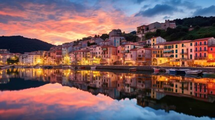 Obraz premium Colorful Town by the Water at Sunset