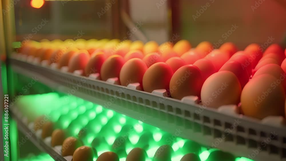 Aufkleber a side view of a compartment with led lights that change color based on the freshness of the eggs in