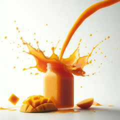 Mango juice splashing with bottle in isolated background 