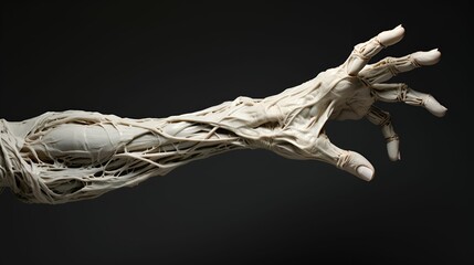 A detailed and eerie depiction of an arm wrapped in sinewy, white tendrils, reaching out against a dark background.