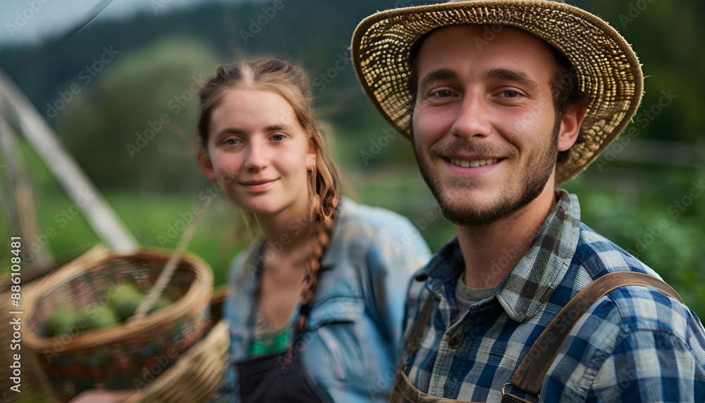 Wall mural Portrait of an young farmer working with a young female colleague