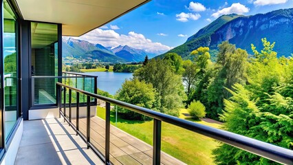 Fototapeta premium Modern apartment with a balcony view of the lake and mountains in Switzerland , Switzerland, balcony, view